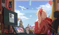 Rule 34 | 1girl, absurdres, aircraft, airplane, among us, balloon, blonde hair, blue (among us), chair, cirno, crystal, curtains, flandre scarlet, green (among us), highres, holding, holding stylus, hood, hoodie, indoors, long hair, long sleeves, minecraft, monitor, mystia lorelei, one side up, pink (among us), red hoodie, signature, sitting, solo, stylus, touhou, vanilla flan, wings
