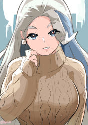 Rule 34 | 1girl, absurdres, akanboh, alternate costume, breasts, brown sweater, cable knit, commentary request, creatures (company), earrings, eyelashes, game freak, grey eyes, hand up, highres, jewelry, long hair, long sleeves, mature female, melony (pokemon), multicolored hair, nintendo, parted lips, pokemon, pokemon swsh, sleeves past wrists, smile, solo, streaked hair, sweater, upper body