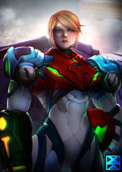 Rule 34 | 1girl, absurdres, arm cannon, armor, blonde hair, blue eyes, glowing, highres, long hair, looking at viewer, metroid, metroid dread, mole, mole under mouth, nintendo, ponytail, power armor, power suit, samus aran, science fiction, sidelocks, simple background, solo, upper body, weapon, xuuikie ashe