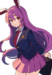 Rule 34 | 1girl, :3, animal ears, black jacket, blazer, buttons, closed jacket, closed mouth, collared shirt, commentary request, crescent, crescent pin, highres, jacket, kv-san, long hair, long sleeves, looking at viewer, miniskirt, necktie, pink skirt, pleated skirt, purple hair, rabbit ears, rabbit tail, red eyes, red necktie, reisen udongein inaba, shirt, simple background, skirt, smile, solo, tail, touhou, very long hair, white background, white shirt