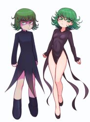 Rule 34 | 2girls, batrobin k, black footwear, black leotard, blush, breasts, closed mouth, expressionless, green eyes, green hair, high heels, highres, leotard, long sleeves, looking at viewer, multiple girls, one-punch man, short hair, simple background, sleeves past wrists, small breasts, tatsumaki, white background