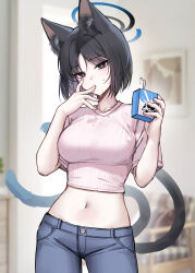 Rule 34 | 1girl, absurdres, animal ears, black eyes, black hair, blue archive, blue halo, blue pants, breasts, cat ears, cat tail, cowboy shot, drinking straw, halo, highres, holding, kikyou (blue archive), large breasts, looking at viewer, multiple tails, navel, pants, pink sweater, raki kr, short hair, short sleeves, solo, sweater, tail, two tails