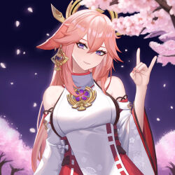Rule 34 | 1girl, absurdres, animal ears, bare shoulders, cherry blossoms, commentary, detached sleeves, fox ears, genshin impact, grin, head tilt, highres, junmin, long hair, long sleeves, looking at viewer, nontraditional miko, parted lips, petals, pink hair, purple eyes, red skirt, shirt, skirt, sleeveless, sleeveless shirt, smile, solo, upper body, very long hair, white shirt, yae miko