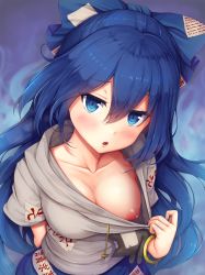 Rule 34 | 1girl, arm behind back, bangle, blue bow, blue eyes, blue hair, blue skirt, blush, bow, bracelet, breasts, clothes pull, collarbone, commentary request, debt, downblouse, flashing, grey hoodie, hair between eyes, hair bow, highres, hood, hoodie, jewelry, jitome, long hair, looking at viewer, medium breasts, nipples, no bra, one breast out, open mouth, pulling own clothes, shirt pull, short sleeves, skirt, solo, stuffed animal, stuffed toy, touhou, very long hair, yorigami shion, yuki usagi (snowcanvas)