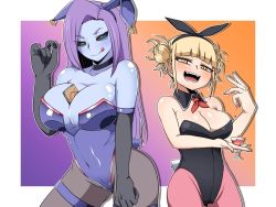 Rule 34 | 2girls, animal ears, between breasts, black sclera, blonde hair, blue skin, blunt bangs, blush, boku no hero academia, breasts, choker, cleavage, colored sclera, colored skin, detached collar, double bun, elbow gloves, fake animal ears, fire breath01, gloves, hair bun, hair ornament, hairband, half-closed eyes, kizuki chitose, large breasts, leotard, licking lips, long hair, looking at viewer, messy hair, multiple girls, naughty face, open mouth, outside border, pantyhose, playboy bunny, purple hair, rabbit ears, rabbit hair ornament, rabbit tail, smile, thigh strap, thighs, toga himiko, tongue, tongue out, yellow eyes