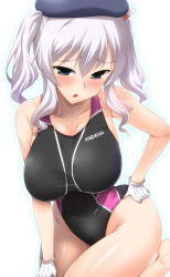 Rule 34 | 1girl, absurdres, bad anatomy, beret, blue eyes, blush, breasts, character name, clothes writing, collarbone, commentary, cowboy shot, gloves, hair between eyes, hand on own hip, hat, highres, kantai collection, kashima (kancolle), large breasts, long hair, looking at viewer, one-piece swimsuit, open mouth, short hair, sidelocks, silver hair, solo, swimsuit, tsurime, twintails, wavy hair, white gloves, wide hips, yoshi tama