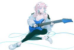 Rule 34 | 1girl, arknights, bare shoulders, black pants, blue eyes, blue poison (arknights), blue poison (shoal beat) (arknights), braid, camisole, choker, electric guitar, grey jacket, guitar, hairband, highres, holding, holding instrument, instrument, jacket, leggings, long sleeves, looking at viewer, meijizi, nail polish, off shoulder, official alternate costume, open clothes, open jacket, pants, parted lips, pink choker, pink hair, shoes, short hair, simple background, sitting, sneakers, solo, spaghetti strap, sports bra, twin braids, white background, white footwear