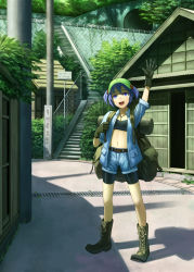 Rule 34 | 1girl, alternate costume, arm up, backpack, bag, belt, bike shorts, bike shorts under shorts, black gloves, blue eyes, blue hair, boots, bra, building, gloves, hair bobbles, hair ornament, hat, house, jacket, kawashiro nitori, kurione (zassou), looking at viewer, matching hair/eyes, midriff, navel, no socks, open mouth, pants, short hair, short sleeves, shorts, sign, smile, solo, stairs, touhou, tree, twintails, two side up, underwear