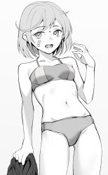 Rule 34 | 1girl, bandaid, bandaid on face, bikini, covered navel, cowboy shot, greyscale, highres, kantai collection, leaning back, monochrome, navel, oboro (kancolle), open mouth, shingyou (alexander-13), short hair, solo, standing, swimsuit