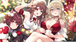 Rule 34 | 3girls, :3, ahoge, animal ears, arm up, armpits, bare shoulders, black choker, blonde hair, blue eyes, blurry, bokeh, bow, bowtie, breasts, brown hair, cable knit, capelet, cat ears, character request, choker, christmas, christmas ornaments, cleavage, crossed legs, cup, depth of field, dress, eyepatch, glasses, halter dress, halterneck, heart, hisen kaede, holding, holding cup, large breasts, long hair, looking at viewer, mahjong soul, medium breasts, mug, multiple girls, official art, open mouth, red-framed eyewear, red dress, red eyes, ribbed sweater, semi-rimless eyewear, shawl, short hair, sitting, sleeveless, sleeveless dress, sleeveless sweater, sleeveless turtleneck, smile, star (symbol), stuffed animal, stuffed cat, stuffed toy, sweater, thighs, turtleneck, turtleneck sweater, two side up, under-rim eyewear, white headwear, white sweater