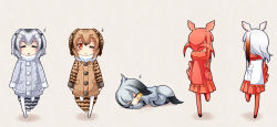 Rule 34 | 10s, 5girls, anni minto, brown eyes, brown hair, chibi, coat, commentary request, eurasian eagle owl (kemono friends), gradient hair, head wings, japanese crested ibis (kemono friends), kemono friends, long hair, multicolored hair, multiple girls, northern white-faced owl (kemono friends), one eye closed, pantyhose, pleated skirt, red hair, red legwear, scarlet ibis (kemono friends), shoebill (kemono friends), short hair, simple background, skirt, sleeping, standing, standing on one leg, white hair, white legwear, wings, winter clothes, winter coat