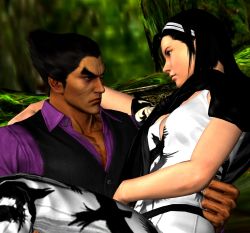 Rule 34 | 1boy, 1girl, black hair, couple, eye contact, facial scar, forest, formal, happy, headband, kazama jun, looking at another, mature female, mishima kazuya, muscular, muscular male, nature, red eyes, scar, scar on cheek, scar on chest, scar on face, spiked hair, suit, tekken, tekken tag tournament 2, thick eyebrows, tree, wolfblade111