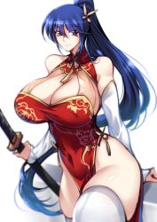 Rule 34 | 1girl, blue hair, breasts, china dress, chinese clothes, cleavage cutout, cleavage window, clothing cutout, dress, haganef, high ponytail, highleg, highleg dress, highres, huge breasts, katana, original, solo, sword, thighhighs, weapon, zettai ryouiki