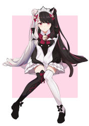 Rule 34 | 1girl, absurdres, animal ear fluff, animal ears, ankle bow, ankle ribbon, anklet, apron, asymmetrical legwear, bell, black apron, black footwear, black hair, black thighhighs, blunt bangs, blush, bow, bowtie, cat ears, cat girl, cat tail, collared dress, commentary request, double bun, dress, frilled dress, frilled sleeves, frills, gloves, hair bell, hair bow, hair bun, hair ornament, highres, invisible chair, jewelry, leg ribbon, loafers, long hair, looking at viewer, maid, maid apron, maid headdress, miuna (498475051), multicolored hair, nijisanji, pink hair, puffy sleeves, red bow, red bowtie, red eyes, ribbon, shoes, sidelocks, simple background, sitting, smile, solo, split-color hair, streaked hair, tail, thighhighs, twintails, two-tone hair, very long hair, virtual youtuber, white dress, white gloves, white hair, white thighhighs, yorumi rena, yorumi rena (5th costume)
