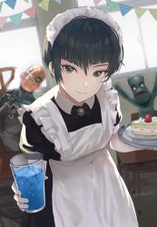 Rule 34 | 1boy, 2others, alternate costume, androgynous, apron, arms up, black dress, black hair, bow, bowtie, cake, character request, classroom, closed mouth, commentary request, crossdressing, cup, donbee937, dress, dutch angle, enmaided, food, frilled apron, frills, grey eyes, hands up, heart, heart hands, highres, holding, indoors, juliet sleeves, long sleeves, looking at viewer, maid, maid apron, maid headdress, male focus, mixed-language commentary, mokoi (megami tensei), multiple others, protagonist (smtv), puffy sleeves, shadow, shin megami tensei, shin megami tensei v, short hair, sidelocks, strawberry shortcake, trap, tray, twitter username