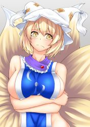 Rule 34 | 1girl, animal hat, blonde hair, blush, breast hold, breasts, colorized, crossed arms, doseisan (dosei-san), embarrassed, fox tail, gradient background, grey background, hat, hat with ears, highres, kuromen, kuroteru (just-shiny), large breasts, looking at viewer, mob cap, multiple tails, naked tabard, mob cap, self hug, short hair, sideboob, solo, tabard, tail, touhou, upper body, yakumo ran, yellow eyes