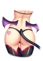 Rule 34 | 1girl, ass, ass focus, ass tattoo, back, bikini, black bikini, black thighhighs, cropped legs, demon girl, demon tail, demon wings, dimples of venus, fate/grand order, fate (series), from behind, highres, low wings, purple wings, shuten douji (fate), simple background, skindentation, solo, swimsuit, tail, tako seijin, tattoo, thigh gap, thighhighs, white background, wings
