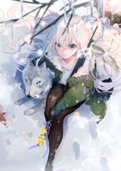 Rule 34 | 1girl, animal, aqua eyes, blurry, blurry foreground, boots, branch, breasts, breath, brown footwear, brown thighhighs, closed mouth, commentary, day, english commentary, flower, footprints, from above, fur-trimmed jacket, fur trim, green jacket, grey scarf, gun, hair between eyes, highres, holding, holding weapon, jacket, long hair, looking at viewer, looking up, miwano rag, original, outdoors, purple ribbon, ribbon, scarf, shirt, sitting, small breasts, snow, solo, thigh boots, thighhighs, very long hair, weapon, white hair, white shirt, wolf, yellow flower