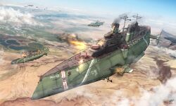 Rule 34 | aircraft, airship, aoi waffle, battle, cloud, firing, highres, military, military vehicle, no humans, original, scenery, science fiction, turret, weapon