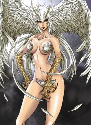 Rule 34 | 1girl, angel wings, antennae, bad id, bad twitter id, breasts, claws, demon girl, devilman, feathered wings, feathers, harpy, head wings, highres, monster girl, nude, siren (devilman), solo, talons, to-ru, white hair, wings