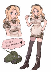 Rule 34 | 1girl, alternate costume, birthday, black footwear, black thighhighs, blonde hair, blue eyes, boots, camouflage bowtie, camouflage dress, closed mouth, combat boots, commentary, cropped torso, cross-laced footwear, dress, emblem, english commentary, english text, enmaided, girls und panzer, hair intakes, hand on own hip, happy birthday, highres, kay (girls und panzer), lace-up boots, long hair, looking at viewer, m4 sherman, maid, maid headdress, medium hair, microdress, military, military vehicle, mixed-language commentary, motor vehicle, multiple views, pointing, pointing at self, puffy short sleeves, puffy sleeves, ri (qrcode), saunders (emblem), short sleeves, simple background, smile, speech bubble, standing, star (symbol), tank, thighhighs, white background