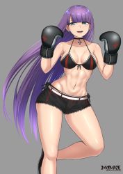 Rule 34 | 1girl, abs, bare shoulders, belt, bikini, black bikini, black shorts, blue eyes, blunt bangs, blush, boxing gloves, breasts, choker, cleavage, collarbone, cross, cross choker, cutoffs, earrings, fate/grand order, fate (series), gradient background, grey background, highres, jewelry, long hair, looking at viewer, martha (fate), masamune oekaki, medium breasts, navel, open mouth, purple hair, short shorts, shorts, smile, solo, standing, standing on one leg, swimsuit, thighs