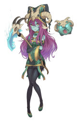 Rule 34 | 1girl, absurdres, bare shoulders, black pantyhose, black skirt, blue skin, closed mouth, collar, collarbone, colored skin, detached sleeves, female focus, hat, highres, holding, holding weapon, horns, jewelry, league of legends, long hair, long sleeves, looking at viewer, lulu (league of legends), necklace, pantyhose, purple hair, sakimei, skirt, smile, solo, staff, weapon, white background, witch hat, yellow eyes