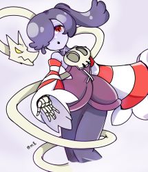 Rule 34 | 1girl, blue hair, blue skin, chichi fire, colored skin, detached collar, detached sleeves, dress, highres, leviathan (skullgirls), open mouth, purple background, red eyes, side ponytail, skeletal arm, skullgirls, solo, squigly (skullgirls), striped sleeves