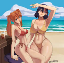 Rule 34 | 2girls, alternate hairstyle, arm support, artist name, ass, beach, bikini, blastpom, blue eyes, blue hair, blue sky, breasts, brown hair, clenched hands, crossover, cup, curvy, day, drinking glass, highleg, highleg bikini, huge ass, kill la kill, large breasts, lips, long hair, looking at viewer, matoi ryuuko, medium breasts, medium hair, multiple girls, navel, neon genesis evangelion, ocean, outdoors, red bikini, side-tie bikini bottom, simple background, sitting, skin tight, sky, smile, souryuu asuka langley, standing, swimsuit, thong, thong bikini, twintails, two side up, white background, wide hips, yellow bikini