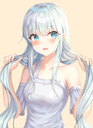 Rule 34 | 1girl, :d, absurdres, bare shoulders, blue eyes, blush, breasts, brown background, bunching hair, collarbone, commentary request, dress, hair between eyes, hands up, highres, kokose, korean commentary, long hair, medium breasts, open mouth, original, silver hair, simple background, single strap, sleeveless, sleeveless dress, smile, solo, upper body, very long hair, white dress