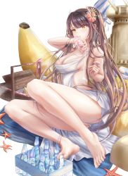Rule 34 | 1girl, absurdres, azur lane, banana, bare legs, barefoot, beach umbrella, bottle, breasts, brown hair, commentary request, crate, drink, feet, flower, food, fruit, hair flower, hair ornament, hiei (azur lane), hiei (beauty of the white sands) (azur lane), highres, holding, holding bottle, holding drink, horns, huge filesize, large breasts, long hair, picnic basket, pouring, pouring onto self, raft, ramune, red flower, red rose, rose, sand castle, sand sculpture, sideboob, simple background, sitting, soles, solo, starfish, swimsuit, thighs, umbrella, white background, xevxt, yellow eyes