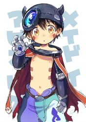 Rule 34 | 1boy, bishounen, brown hair, child, commentary, commentary request, cowboy shot, dark skin, facial mark, fuji fujino, helmet, highres, horns, looking at viewer, made in abyss, male focus, mechanical arms, navel, open mouth, pointy ears, regu (made in abyss), robot, short hair, simple background, yellow eyes