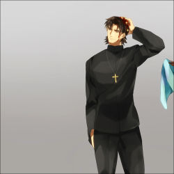 Rule 34 | 1boy, amakura (am as), brown hair, cross, fate/stay night, fate/zero, fate (series), grey background, jewelry, kotomine kirei, male focus, mapo tofu, necklace, simple background, smile, towel