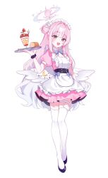 Rule 34 | 1girl, absurdres, alternate costume, apron, black footwear, blue archive, blush, breasts, cake, cleavage, crescent, crescent pin, doongdang, enmaided, feathered wings, food, frilled apron, frills, hair bun, halo, highres, holding, holding tray, long hair, maid, maid headdress, medium breasts, mika (blue archive), open mouth, pink hair, pink halo, shoes, simple background, single side bun, smile, solo, swiss roll, thighhighs, tray, white apron, white background, white thighhighs, white wings, wings, yellow eyes