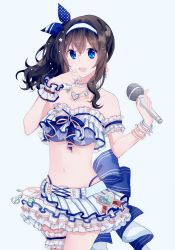 Rule 34 | 1girl, armband, back bow, bad id, bad pixiv id, black hair, blue background, blue bow, blue eyes, blue skirt, bow, bracelet, bridal garter, chain, chain necklace, cowboy shot, crop top, frilled skirt, frills, hair bow, hair ornament, headband, highres, holding, holding microphone, idolmaster, idolmaster cinderella girls, jewelry, looking at viewer, microphone, midriff, migolu, navel, necklace, open mouth, ponytail, sagisawa fumika, shirt, side ponytail, sidelocks, simple background, skirt, skirt set, solo, star (symbol), star hair ornament, striped clothes, striped shirt, tareme, wristband
