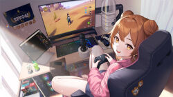 Rule 34 | 1girl, absurdres, bottle, brown eyes, brown hair, chair, controller, day, double bun, dramz, feet on chair, game controller, gaming chair, genshin impact, hair bun, highres, indie virtual youtuber, indoors, jacket, keyboard (computer), long hair, looking at viewer, microphone, monitor, mouse (computer), mousepad (object), nintendo switch, open mouth, paimon (genshin impact), plastic bottle, playing games, saja mori, shorts, sitting, smile, solo, swivel chair, tighnari (genshin impact), track jacket, virtual youtuber, window, xbox controller