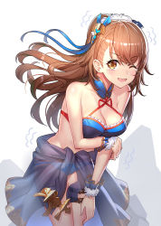 Rule 34 | 10s, 1girl, arm under breasts, beatrix (granblue fantasy), blush, breasts, brown eyes, brown hair, cleavage, cold, commentary request, embarrassed, granblue fantasy, hair ornament, halterneck, large breasts, long hair, looking at viewer, one eye closed, open mouth, ponytail, ririko (zhuoyandesailaer), sarong, simple background, smile, solo, swimsuit, tears, thigh strap, trembling, wavy mouth, white background, wrist cuffs