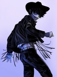 Rule 34 | 1boy, arm up, birf, black hair, black jacket, black pants, boku no hero academia, clenched hand, dabi (boku no hero academia), earrings, feet out of frame, from behind, gradient background, highres, jacket, jewelry, leather, leather jacket, looking at viewer, looking back, male focus, multiple rings, open mouth, pants, piercing, purple background, ring, short hair, smile, teeth, tongue, tongue piercing