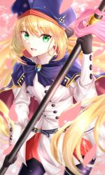 Rule 34 | 1girl, artoria caster (fate), artoria caster (second ascension) (fate), artoria pendragon (fate), belt, beret, black gloves, black pantyhose, blonde hair, blue cape, blue hat, blush, breasts, buttons, cape, double-breasted, dress, fate/grand order, fate (series), gloves, green eyes, hat, highres, holding, holding staff, hood, hooded cape, ilsa34660285, long hair, long sleeves, looking at viewer, multicolored cape, multicolored clothes, open mouth, pantyhose, red cape, small breasts, smile, solo, staff, thighs, twintails, white dress