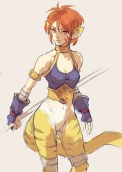 Rule 34 | 1girl, animal ears, breasts, breath of fire, breath of fire ii, bustier, cat ears, cat tail, closed mouth, commentary, facial mark, furry, furry female, gloves, highres, holding, kannoaki, looking at viewer, no panties, no pants, orange hair, pointy ears, rinpoo chuan, short hair, simple background, smile, solo, staff, standing, tail