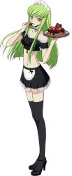 Rule 34 | 1girl, alternate costume, apron, bare shoulders, belly, biting, black thighhighs, breasts, c.c., cake, chocolate, code geass, collarbone, eating, enmaided, food, fruit, green hair, high heels, legs, long hair, looking at viewer, maid, maid apron, maid headdress, midriff, miniskirt, navel, official art, skirt, sleeveless, strawberry, super robot wars, super robot wars x-omega, thighhighs, zettai ryouiki