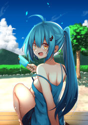 Rule 34 | 1girl, :d, antenna hair, arm support, bare shoulders, blue hair, blue shorts, blue sky, bush, camisole, cloud, commentary request, day, facial scar, food, fortissimo, from behind, hair between eyes, hair ornament, highres, holding, holding food, knees up, long hair, looking at viewer, looking back, mahcdai, melting, mountain, musical note, musical note hair ornament, open mouth, original, outdoors, planol note, ponytail, popsicle, scar, scar on cheek, scar on face, shorts, sidelocks, sitting, sky, smile, solo, strap slip, tree, yellow eyes