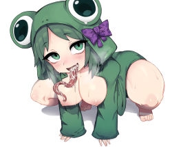 Rule 34 | 1girl, :d, absurdres, all fours, animal hood, bad id, bad pixiv id, black souls, bow, breasts, collarbone, cum, cum in mouth, empty eyes, frog hood, frog princess (black souls), green eyes, green hair, green jacket, highres, hood, hood up, hooded jacket, jacket, long sleeves, long tongue, medium breasts, medium hair, naked jacket, nipples, nyong nyong, open clothes, open jacket, open mouth, purple bow, shadow, simple background, sleeves past wrists, smile, steam, tongue, tongue out, white background
