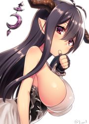 Rule 34 | 10s, 1girl, antenna hair, bad id, bad pixiv id, black hair, blurry, breasts, danua, depth of field, draph, granblue fantasy, highres, horn ornament, horns, jewelry, large breasts, long hair, looking at viewer, navy (navy.blue), pointy ears, red eyes, sideboob, solo