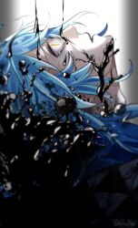 Rule 34 | 1boy, artist name, blue eyeshadow, blue hair, blue lips, commentary, constricted pupils, crying, crying with eyes open, eyeshadow, highres, idia shroud, ink, ink on face, ink splatter, ink stain, looking up, makeup, male focus, parted lips, simple background, solo, tears, twisted wonderland, twitter username, white background, wide-eyed, xxyoooyxx, yellow eyes