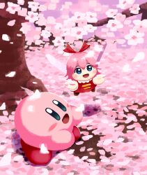 Rule 34 | 1girl, aruco co, blue eyes, blush stickers, cherry blossoms, colored skin, commentary, dress, fairy, fairy wings, falling petals, highres, kirby, kirby (series), kirby 64, nintendo, open mouth, petals, pink hair, pink skin, red dress, red ribbon, ribbon, ribbon (kirby), smile, solid oval eyes, symbol-only commentary, tree, wings