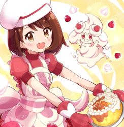 Rule 34 | 1girl, :d, alcremie, alcremie (strawberry sweet), apron, blush, brown eyes, brown hair, cake, cosplay, cream, creatures (company), dawn (palentine&#039;s 2021) (pokemon), dawn (pokemon), dawn (pokemon) (cosplay), dress, food, frilled apron, frills, fruit, game freak, gen 8 pokemon, gloria (pokemon), haru (haruxxe), highres, holding, holding plate, looking at viewer, medium hair, nintendo, open mouth, oven mitts, pink apron, pink dress, plate, pokemon, pokemon masters ex, pokemon swsh, puffy short sleeves, puffy sleeves, short sleeves, smile, strawberry, swept bangs, white headwear