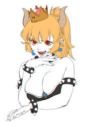 Rule 34 | 1girl, absurdres, arm rest, bare shoulders, blonde hair, blue gemstone, bongchoonsik, bowsette, bracelet, breast press, breasts, chromatic aberration, cleavage, collar, collarbone, dress, eyelashes, fang, fingernails, gem, hand to own mouth, highres, horns, jewelry, large breasts, long hair, looking at viewer, mario (series), monochrome, new super mario bros. u deluxe, nintendo, outline, pink lips, pointy ears, ponytail, red eyes, sharp fingernails, sidelocks, simple background, smile, solo, spiked bracelet, spiked collar, spikes, spot color, strapless, strapless dress, super crown, teeth, upper body, white background