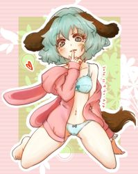 Rule 34 | 1girl, 2016, animal ears, animal hood, bad id, bad twitter id, bare shoulders, barefoot, blush, bow, bow bra, bow panties, bra, breasts, rabbit hood, collarbone, dated, dog ears, dog tail, eyelashes, finger to mouth, fingernails, green bra, green eyes, green hair, green panties, groin, heart, hood, hood down, hoodie, kasodani kyouko, kneeling, long fingernails, looking at viewer, matching hair/eyes, midriff, navel, off shoulder, open clothes, open hoodie, panties, short hair, shushing, small breasts, solo, spoken heart, stomach, tail, thighs, tikano, touhou, underwear