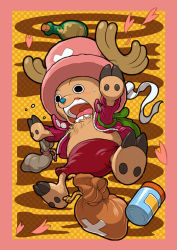 Rule 34 | antlers, bag, bandages, bottle, hat, hooves, horns, jacket, no humans, one piece, pink hat, tony tony chopper, yamamiya hiroshi